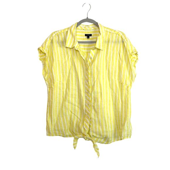 Talbots 100% Linen Butter Yellow Striped Button Up Tie Short Sleeve Top Sz Large - Picture 1 of 6